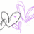 A pixelated graphic featuring a gray heart outline with a small purple dot inside, connected to a light purple winged shape on the right.