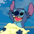 Pixelated cartoon character with blue skin and purple ears on left, green text logo on right against dark background.