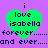 Green heart-shaped icon with text 'i love isabella' on purple background, repeated four times in a
