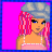 Pixel art character with pink hair and gray headwrap, wearing a pink top and dark blue pants against bright pink background.