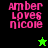 Pixelated text 'Amber loves Nicole' in pink on black and green backgrounds with a green star and black star icon.