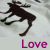 A pixelated black silhouette of a running moose on a white background with pink text reading Love The Moose.
