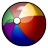 A pixelated circular icon with segmented color regions including green, yellow, white, orange, red, blue, and purple against a plain background.
