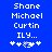 Blue background with white pixelated text reading "Shane Michael Curtin ILY..." and four pixelated symbols below, two of which change between frames.