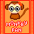 A 4x4 contact sheet of a pixel art monkey animation with orange background and red border, showing sequential frame changes in expression and text.