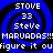 Blue and black spiral background with repeated white text elements including 'STOVE', '33', 'Steve', 'MARUADAS!!!', and 'figure it ou'