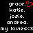 Black background with white pixelated text listing names and a phrase, one red pixelated heart symbol above the first name.