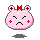 Pixelated pink animal head with red bow, closed eyes, and blush marks; left side shows neutral expression, right side has black cross symbols on forehead.