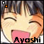 Anime-style character face with closed eyes, smiling mouth, and pink text reading 'Ayashi' at bottom.