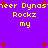 Pixelated text and red starbursts on a purple background with repeated yellow text elements.