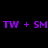 Static purple pixelated text on black background showing 'TW + SM' repeated twice horizontally in two