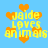 Pixelated blue background with orange hearts and yellow text reading "jaide loves animals" repeated in a pattern