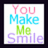 Pixelated text and memorial message on a black background with a framed 'You Make Me Smile' graphic.
