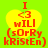 Four identical yellow heart-shaped icons with red text on a bright green background, each displaying 'I <3 wIll (sOrRy kRiStEn)' in pixelated font.