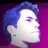 Pixelated profile portrait of a person with blue hair against a purple-pink gradient background, rendered in low-resolution digital art style.