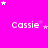 A bright pink background displays the name 'Cassie' in white pixelated text across three , with animated white and pink stars floating around the text