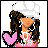 Pixel art contact sheet showing a 3x2 grid of animated frames for a female character icon with pink heart-shaped hands, white headwear, and blue jeans.