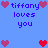 Blue background with repeated 'tiffany loves you' text and heart symbols in pink, red, and purple hues.