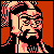 Pixel art portrait of a bearded man with glasses against an orange background, rendered in 8-bit style with pink and black accents.