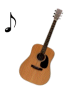 Six identical acoustic guitars with black soundholes and brown necks, each paired with musical notes or text labels on a gray background.
