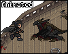 Pixel art scene showing a character with black hair and dark clothing running toward a large armored creature on a wooden deck.
