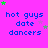A static image with a bright pink background displays repeated text "hot guys date dancers" in blue pixelated font, surrounded by scattered green and purple stars.
