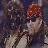 A pixelated static image shows two figures in dark clothing against a dark background, with one figure holding an object resembling a red mushroom.