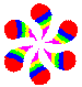 Six pixelated circular shapes arranged in a flower pattern with alternating color segments, rotating through red-blue-yellow-green cycles.
