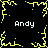 Black background with four yellow pixelated border elements and four white 'Andy' text labels arranged around a central yellow pixelated starburst.