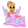 Pixelated angel figure with blonde hair in a bun, green eyes, and pink dress holding drumsticks above 'Angel' text on pink base.