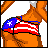 Pixelated cartoon figure with orange skin, black hair, and a white cup, wearing an American flag-themed shoulder piece and a Puerto Rican flag cap.