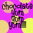 Pixelated text and symbols on a purple background with yellow and pink circles, featuring repeated 'chocolate yum' phrases.
