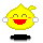 Yellow cartoon character with closed eyes, red mouth, and pink cheeks; white ear-like shapes on sides; black base shape below.