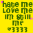 Yellow background with green text repeating 'hate me love me im still me' and four heart symbols, scattered pink star-like dots.