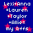 Blue background with red stars and white text listing names Lexi+Anna, +Lauren, +Taylor, +Allie= my bfss repeated twice.