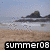 Pixelated beach scene with calm water, distant rock formation under light blue sky, sandy shore foreground, and black banner text 'summer08' at bottom.