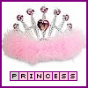 Animated sequence of a pink tiara with heart-shaped gem and crystal accents above fluffy pink fabric, each frame showing 'PRINCESS' text in purple letterbox.