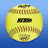 A pixelated baseball with visible stitching and a black rectangular logo on its surface, set against a blue gradient background with green pixelated text.
