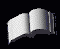 Animated sequence of an open book icon with pages flipping through various states from fully open to partially folded, rendered in grayscale on black background.