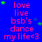 Blue background with repeated pink text 'love live bsb's dance my life<3' and scattered green and blue stars.