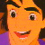 Pixelated cartoon character with orange skin, dark brown hair, and a purple garment visible at the bottom edge.
