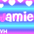 Pixelated text 'Jamie' repeats across horizontal stripes with alternating pink and blue gradients, surrounded by white heart shapes on a striped background.