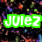 Four identical 'Julez' text icons in green, blue, pink, and orange arranged in a on a dark pixelated background with scattered colored dots