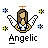 Pixel art angel icon with brown hair, wings, and halo surrounded by blue and yellow starbursts above the word 'Angelic' in blocky text.