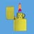 Yellow Zippo-style lighter with open lid against solid blue background, flame visible on top.