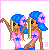 Pixel art of two identical figures with blue hair and pink star-adorned outfits, one standing with arms raised, the other seated in a relaxed pose.