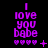Purple text "I love you babe" with five hearts and a plus sign on black background, changing to an airplane symbol then an X in later frames.