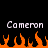 Pixelated text 'Cameron' appears twice above orange flames on a black background.