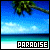 Pixelated beach scene with palm tree, blue sky, and turquoise water, displaying 'PARADISE' text in white and cyan.