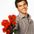 Pixelated image of a person holding red flowers against white and pink backgrounds with text overlays.